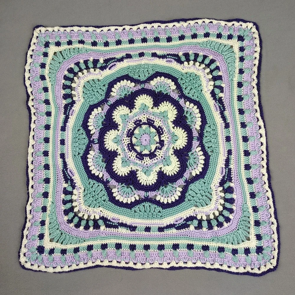 Vintage Handmade Crochet Baby Blanket Purple Blue 3-D Floral Design 32
